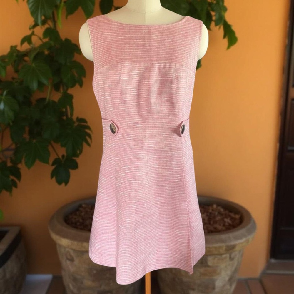 Tibi Seaside Linen Tweed Sundress w/ Pocket and Gold Buttons